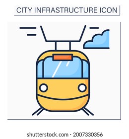 Tram color icon. Transport connected to electrical lines. Fast electric transportation. Outline drawing. City road infrastructure concept. Isolated vector illustration