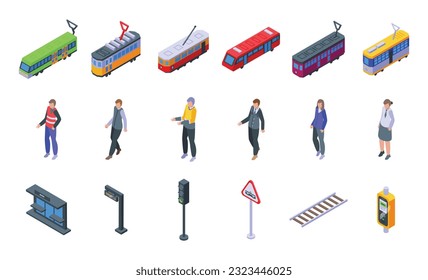 Tram driver icons set isometric vector. City road. Street driver