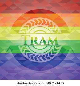 Tram emblem on mosaic background with the colors of the LGBT flag