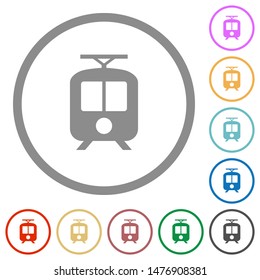 Tram flat color icons in round outlines on white background