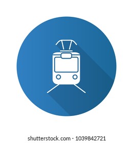 Tram flat design long shadow glyph icon. Tramcar, streetcar. Trolley car. Vector silhouette illustration