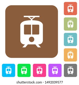 Tram flat icons on rounded square vivid color backgrounds.