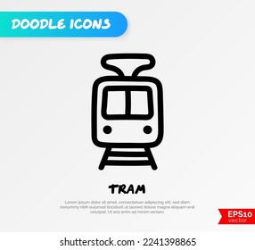 Tram front view doodle icon. Public transport. Vector illustration.
