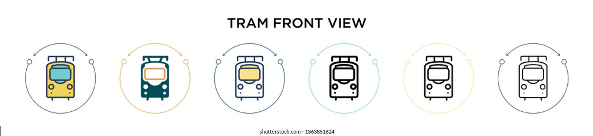 Tram front view icon in filled, thin line, outline and stroke style. Vector illustration of two colored and black tram front view vector icons designs can be used for mobile, ui, web