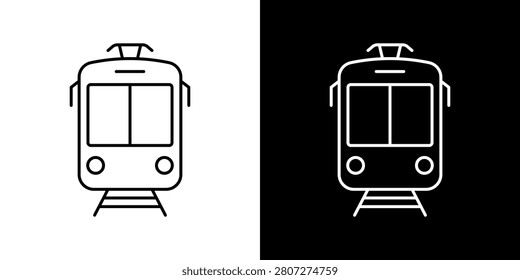 Tram Front View Line Icon Set. Urban Public Transportation, City Commuting, And Rail Transit Outline Symbol Collection. Editable Stroke. Isolated Vector Illustration.