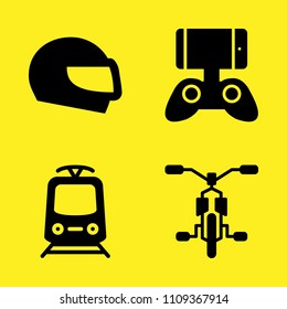 tram, game controller, bicycle and helmet vector icon set. Sample icons set for web and graphic design