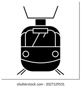 Tram glyph icon. Transport connected to electrical lines. Fast electric transportation. Outline drawing. City road infrastructure concept.Filled flat sign. Isolated silhouette vector illustration