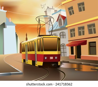 Tram Tram goes along the street. Vector.