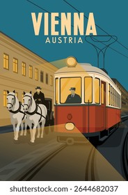 tram and horse-drawn carriages in the city of Vienna, Austria in 