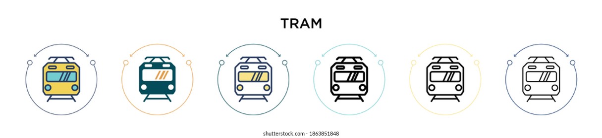 Tram icon in filled, thin line, outline and stroke style. Vector illustration of two colored and black tram vector icons designs can be used for mobile, ui, web