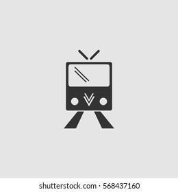 Tram icon flat. Black pictogram on grey background. Vector illustration symbol
