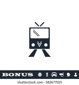 Tram icon flat. Black pictogram on white background. Vector illustration symbol and bonus button