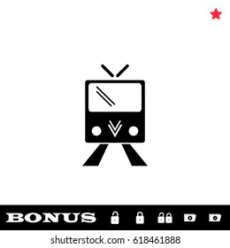 Tram icon flat. Black pictogram on white background. Vector illustration symbol and bonus button open and closed lock, folder, star