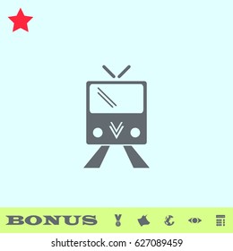Tram icon flat. Grey pictogram on blue background. Vector illustration symbol and bonus buttons medal, cow, earth, eye, calculator
