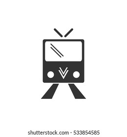 Tram icon flat. Illustration isolated on white background. Vector grey sign symbol