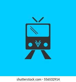 Tram icon flat. Simple vector black pictogram on blue background