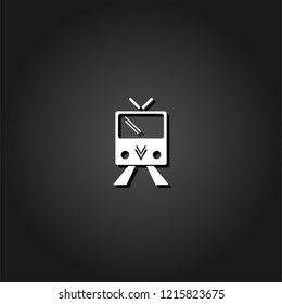 Tram icon flat. Simple White pictogram on black background with shadow. Vector illustration symbol