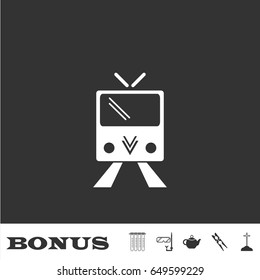 Tram icon flat. White pictogram on black background. Vector illustration symbol and bonus icons