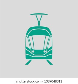 Vista frontal del icono de tranvía. Verde sobre fondo gris. Ilustración vectorial.