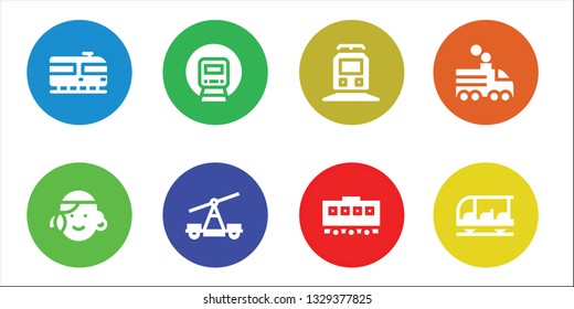 tram icon set. 8 filled tram icons.  Collection Of - Train, Portuguese, Railway, Transportation