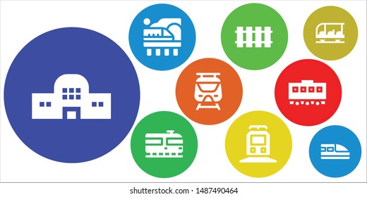 tram icon set. 9 filled tram icons.  Simple modern icons about  - Train station, Train, Railway, Subway, Transportation