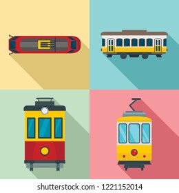 Tram icon set. Flat set of tram vector icons for web design