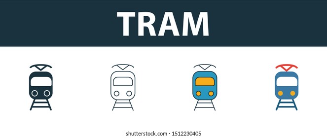 Tram icon set. Four elements in diferent styles from transport icons collection. Creative tram icons filled, outline, colored and flat symbols.