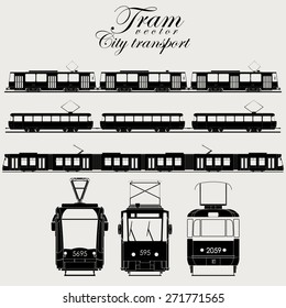 Tram icon set, urban transport, Tram silhouette - City Tram set vector illustration, Tram black color image, Tram flat style, Tram web icon set, Tram concept for design