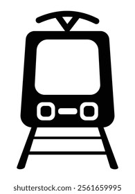 Tram icon. Silhouette of tram, train, public transportation vector icon isolated on white background. Black tram station vector flat icon. Vector illustration. EPS 10	