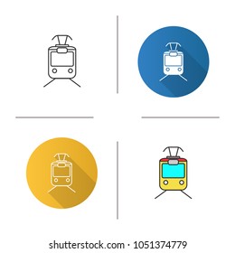 Tram Icon. Tramcar, Streetcar. Trolley Car. Flat Design, Linear And Color Styles. Isolated Vector Illustrations