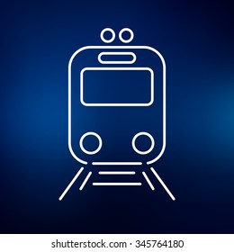 Tram icon. Tramway sign. Tram station symbol. Thin line icon on blue background. Vector illustration.