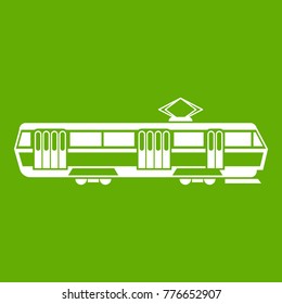 Tram icon white isolated on green background. Vector illustration