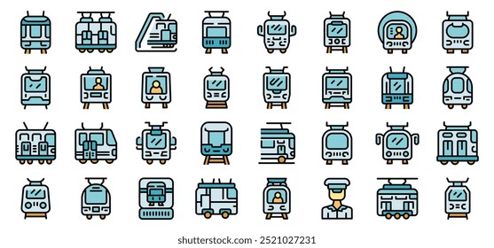 Tram icons set. Outline set of tram vector icons thin line color flat on white background