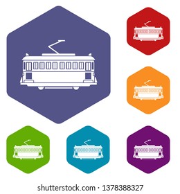 Tram icons vector colorful hexahedron set collection isolated on white