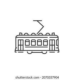 Straßenbahn abgelegen Lissabon Stadtwagen öffentliche Verkehrsmittel dünne Linie Symbol. Vektor Retro Portugal Türkei Zug, Passagiere, Personenbeförderung Service. Design-Element des städtischen Oberleitungsbusses. Schnellfahrwagen