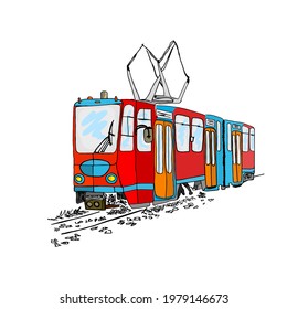 Tram isolated on white background. Cartoon city public transport. Vintage tram style. Urban trolley. Old red tramway in Lisbon. Hand drawn sketch of retro streetcar. Stock vector illustration