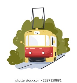 Straßenbahn einzeln auf weißem Hintergrund. Stadtbahn auf dem Hintergrund von Pflanzen. Cartoon öffentliche Verkehrsmittel. Personenbeförderung und Personenbeförderung. Vektorgrafik