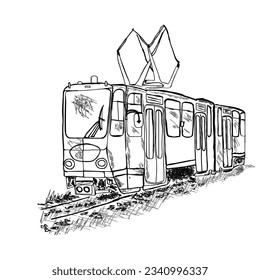 Tranvía aislada de fondo blanco. Transporte público.Dibujo de tram retro dibujado a mano.Tren urbano o tranvía.Pasajeros, transporte de personas.Elemento de diseño de trolebús urbano.Ilustración vectorial