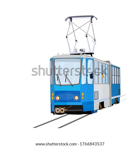 Tram isolated on white background. Blue tram. City trolley. Cartoon modern public transport. Passengers, people transportation service. Urban trolleybus design element. Stock vector illustration