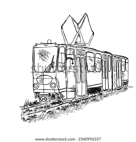 Tram isolated on white background. Public transport.Hand drawn retro tram sketch.City trolley or streetcar.Passengers, people transportation service.Urban trolleybus design element.Vector illustration