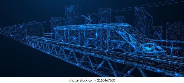 The tram leaves the tunnel. Urban rail transport. Polygonal construction of interconnected lines and points. Blue background.