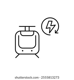 Tram and lightning in renew arrow. Green transportation, clean air and alternative energy sources in sustainable urban living. Pixel perfect vector icon