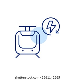 Tram and lightning in renew arrow. Green transportation, clean air and alternative energy sources in sustainable urban living. Pixel perfect, editable stroke icon