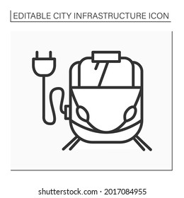 Icono de línea de tranvía.Transporte conectado a líneas eléctricas.Recargar el transporte eléctrico. En el metro. Concepto de infraestructura urbana. Ilustraciones vectoriales aisladas. Trazo editable
