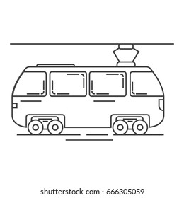 the tram in linear flat style. City public transport. A design element for infographics.Detailed city railway transport.Isolated on a white background.

