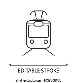 Tram linear icon. Thin line illustration. Tramcar, streetcar. Trolley car. Contour symbol. Vector isolated outline drawing. Editable stroke