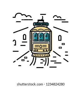 Tram logo design. Flat and lines style vector illustration. Ecological transport concept.