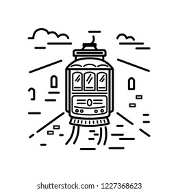 Tram logo design. Line style vector illustration. Ecological transport concept.