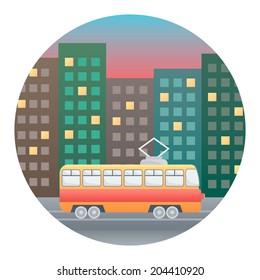 Tram on the Background of Evening Street - Circle Detailed Illustration with Gradients Isolated on White