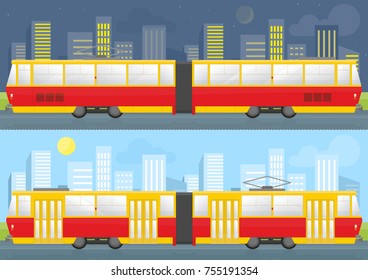 Tram on both sides on the street in the town vector flat illustrations.